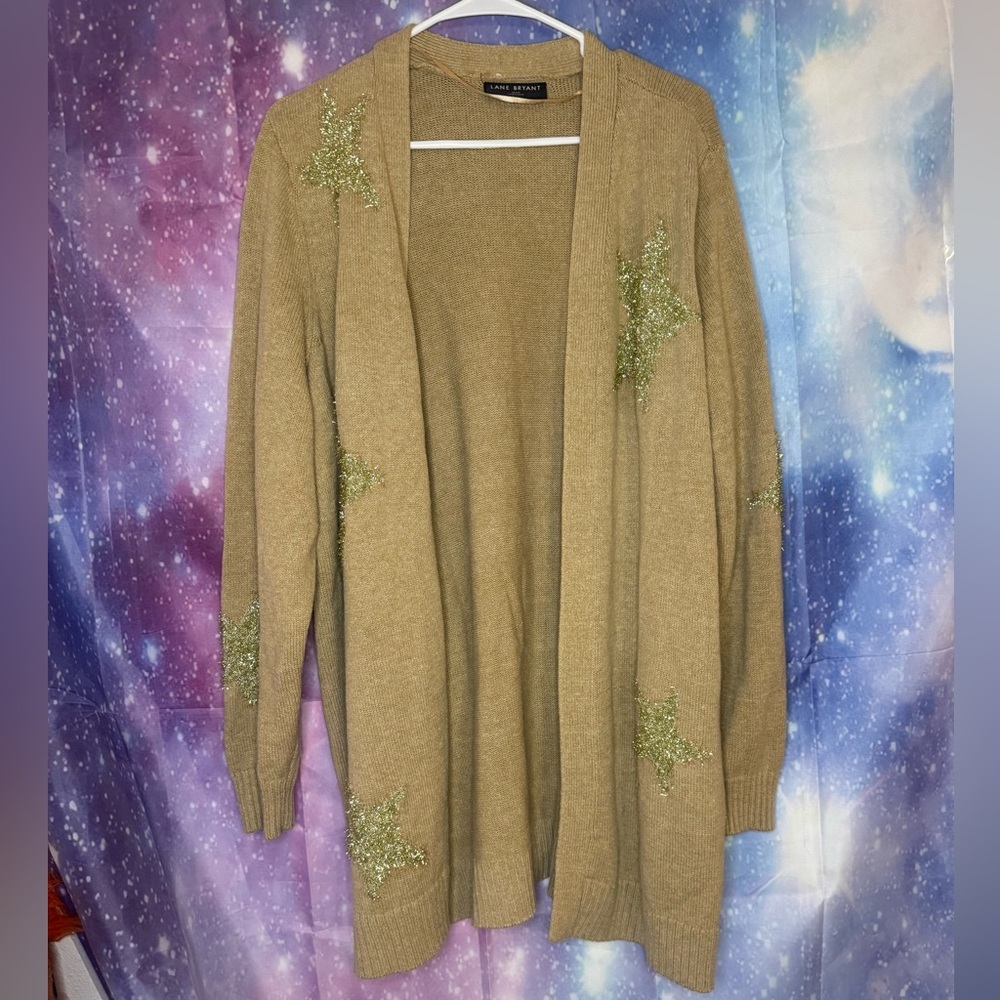 Lane Bryant ~Tan ~ Open Cardigan ~ Embellished ~ Metallic Shining Stars ~ Long